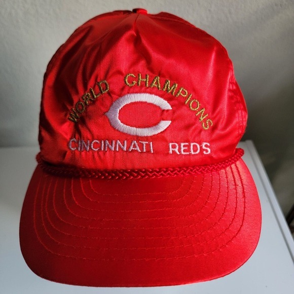 Vtg Otto Cap Shiny Adjustable Hat 90s World Champs Cincinnati Reds Rope‎ Front - Picture 2 of 11